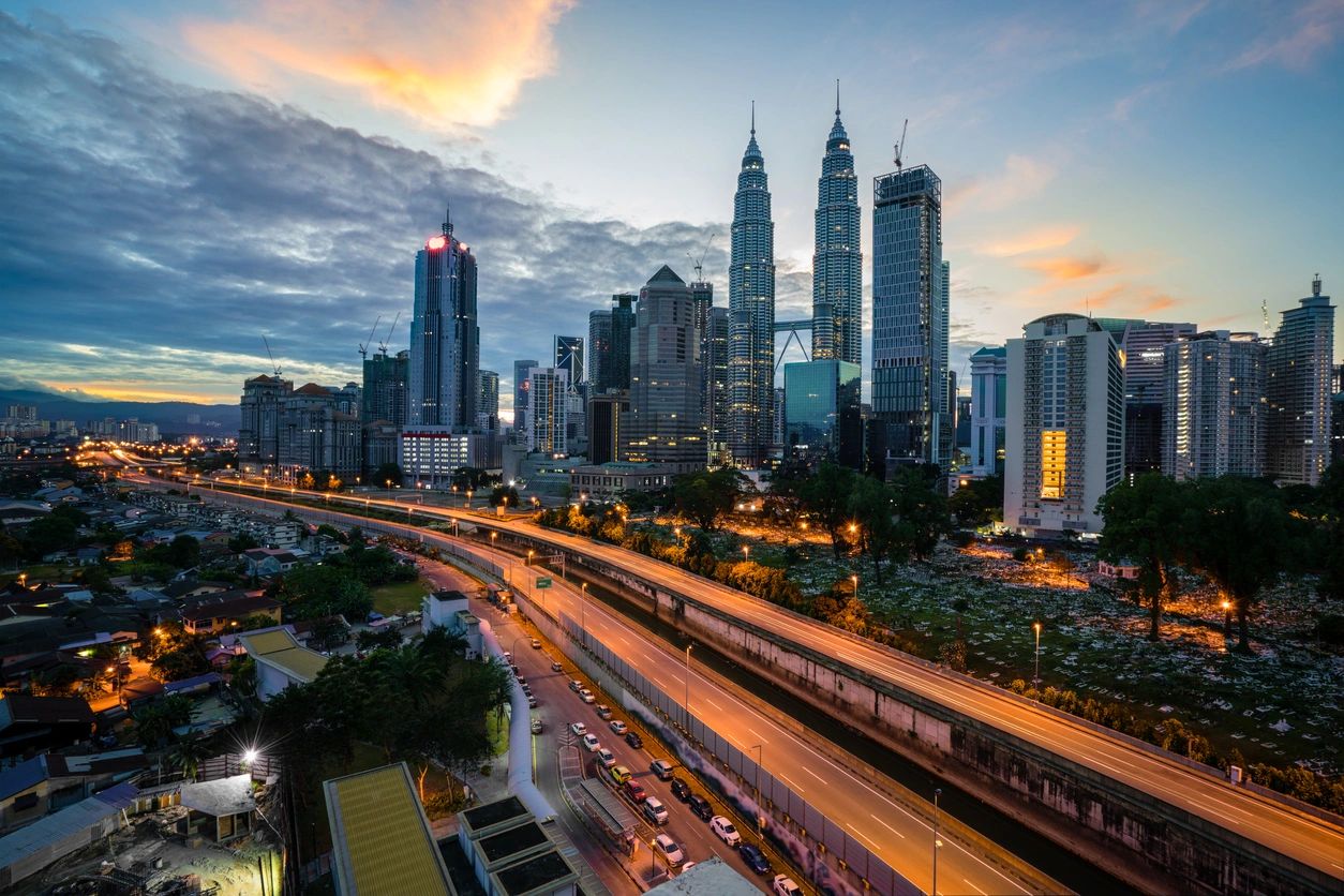 City skyline at dusk